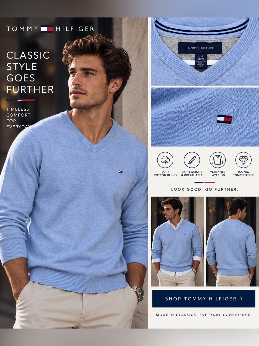 Tommy Hilfiger Men's V-Neck Cotton Blend Sweater in Light Blue size Large